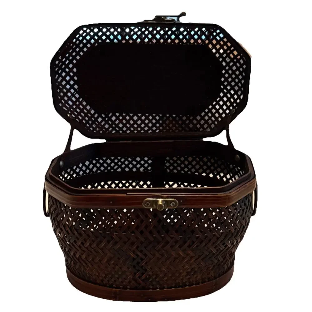 Wooden Octagonal Woven Storage Basket with Lid and Latch, 10.5 in Natural Brown